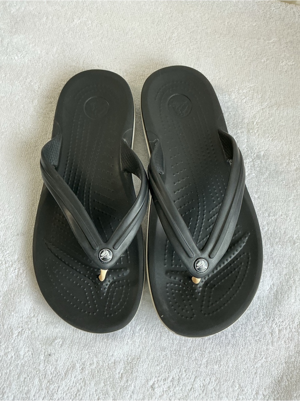 CROCS Black Flip Flop Sandals with Tan Toe Accent